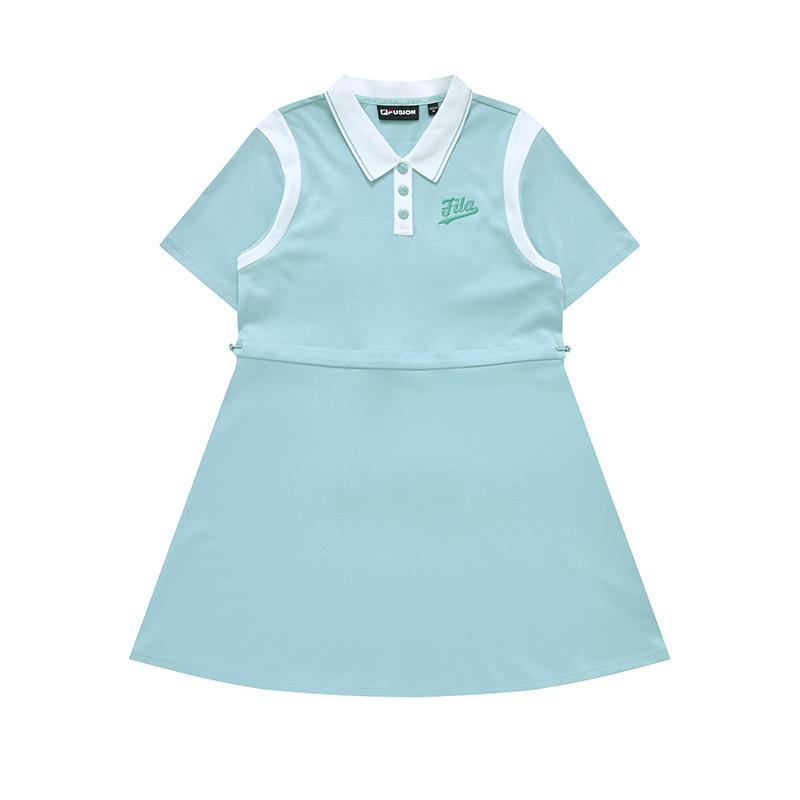 FILA Fusion Letter Print Polo Collar Loose Short Sleeve Dress Women dresses Clear-Lake-Blue T11W322304FBU