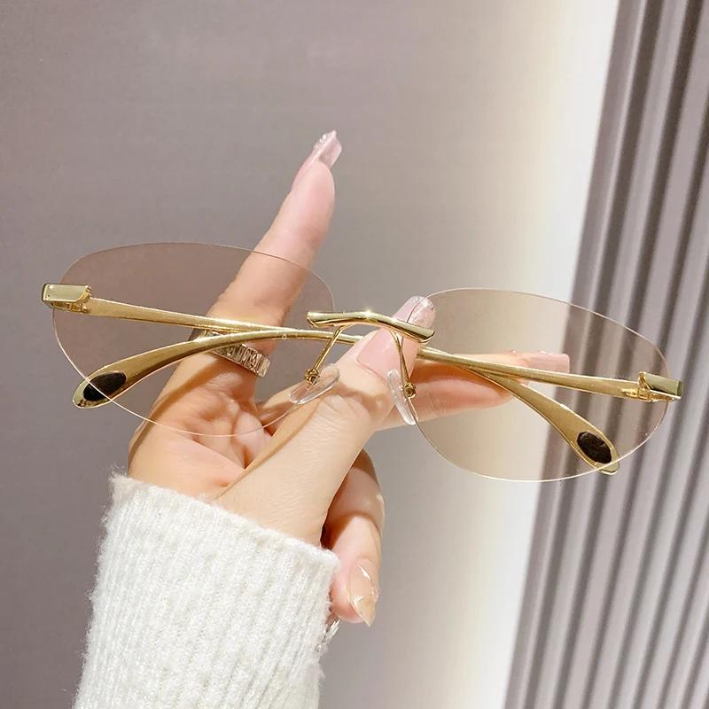 New Oval Sunglasses Women Fashion Frameless Metal Design Y2k Style Sun Glasses Anti Blue Anti UV Eyeglasses