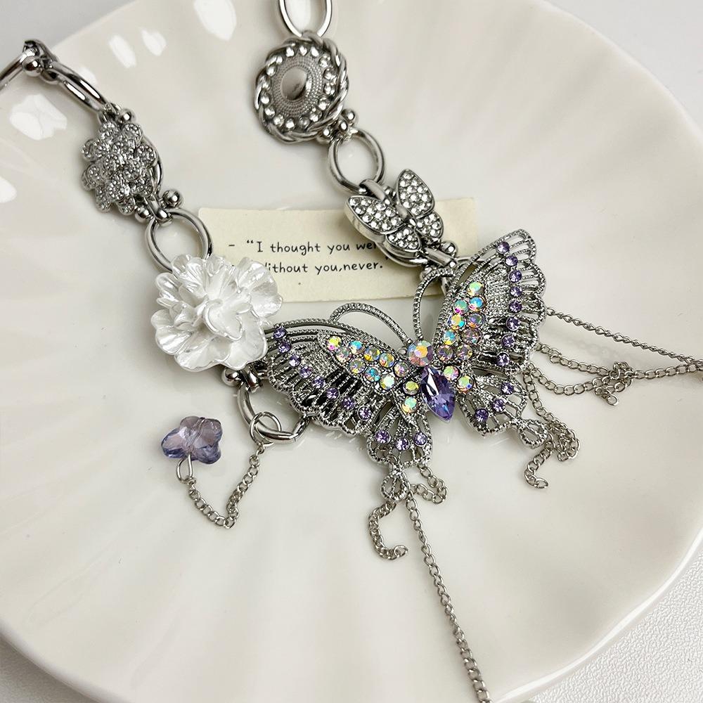 Rhinestone Vintage Metal Necklace Exaggerated Women's Choker Chic Butterfly Flower Necklace Party