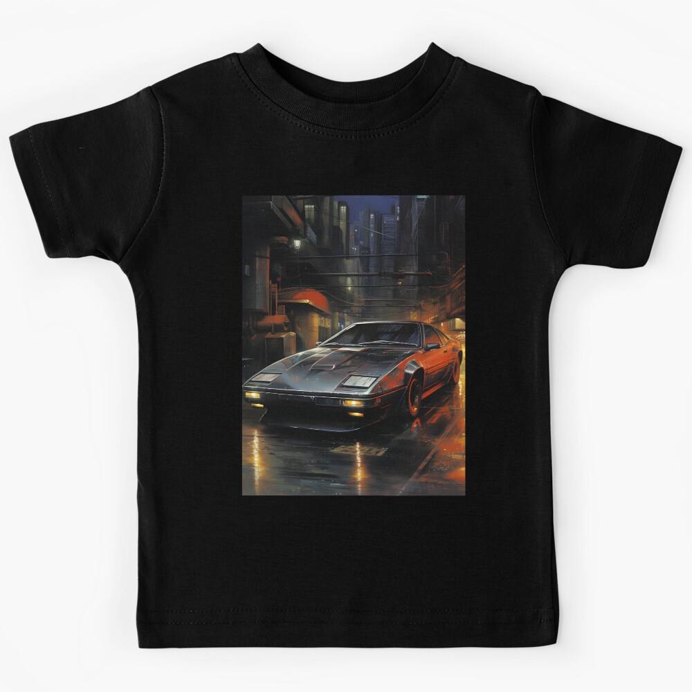 Gray Retro Futuristic Sports Car on a Night and Gloomy City Street Kids T-Shirt 120