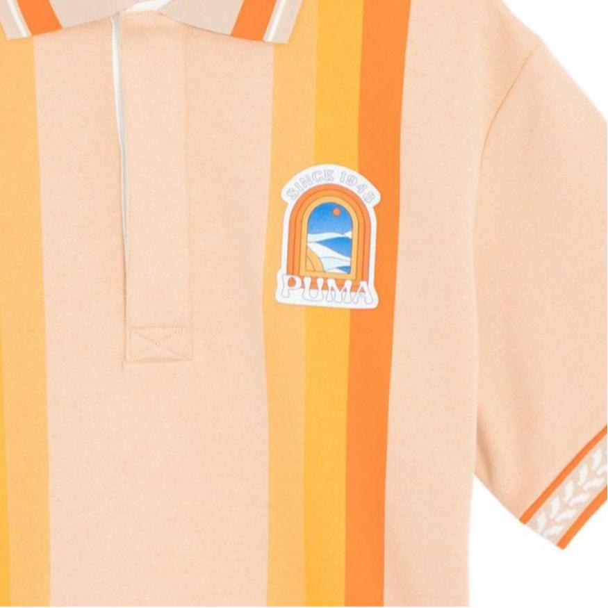 Puma Unisex Light Orange Vertical Striped Polo Shirt With Badge Casual Streetwear 628233-32