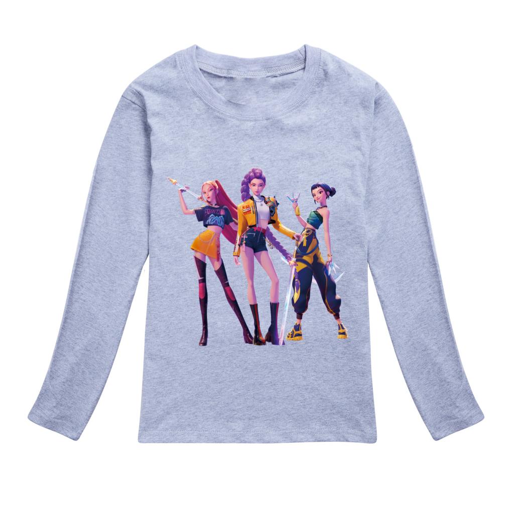 KPop Demon Hunters Kids T-Shirt Long Sleeve O-Neck Casual Fashion Cartoon Loose Top for Boys And Girls