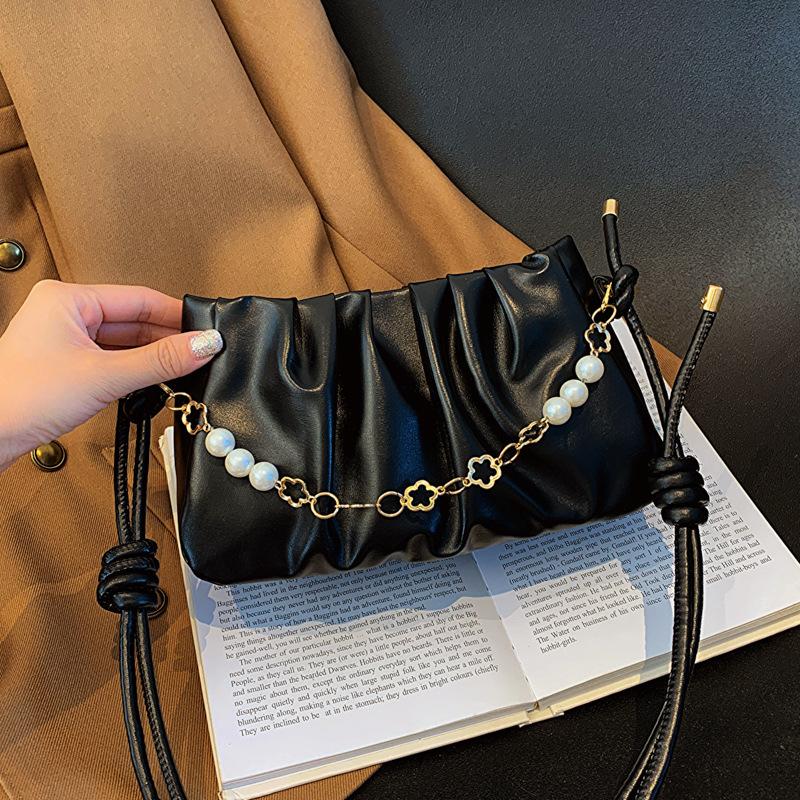 Fashion Clouds Ladies Bag French Pleated Shoulder Bag Hundred Chain Girls Crossbody Bag Pearl Decoration PU Material