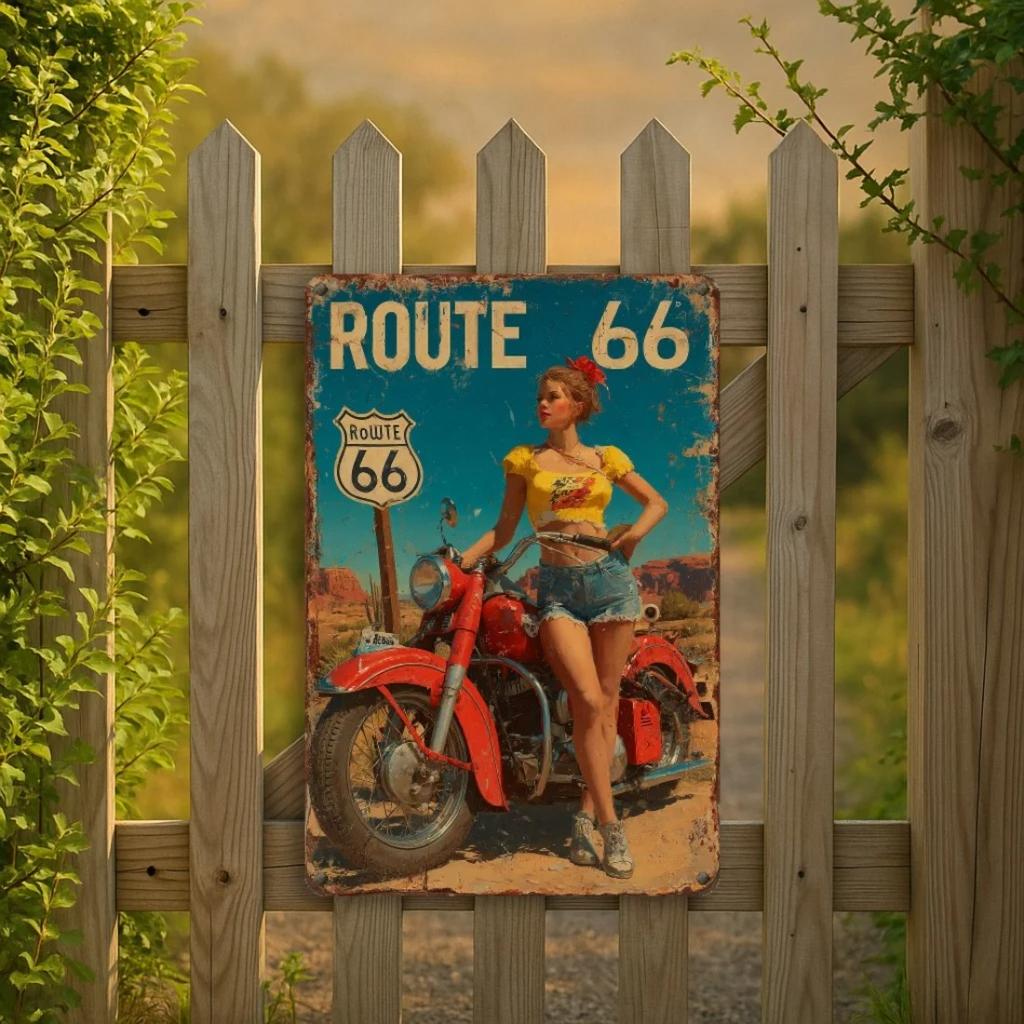 Vintage Route 66 Motorrad Blech Metall Wandkunst Schild 8x12 Zoll Retro Dekoration für Zuhause Bar Büro