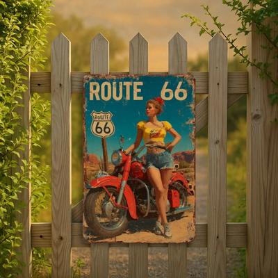 Panneau Décoratif Mural en Métal Étain Route 66 Vintage pour Moto 20x30 cm Décor Rétro pour Maison Bar Bureau
