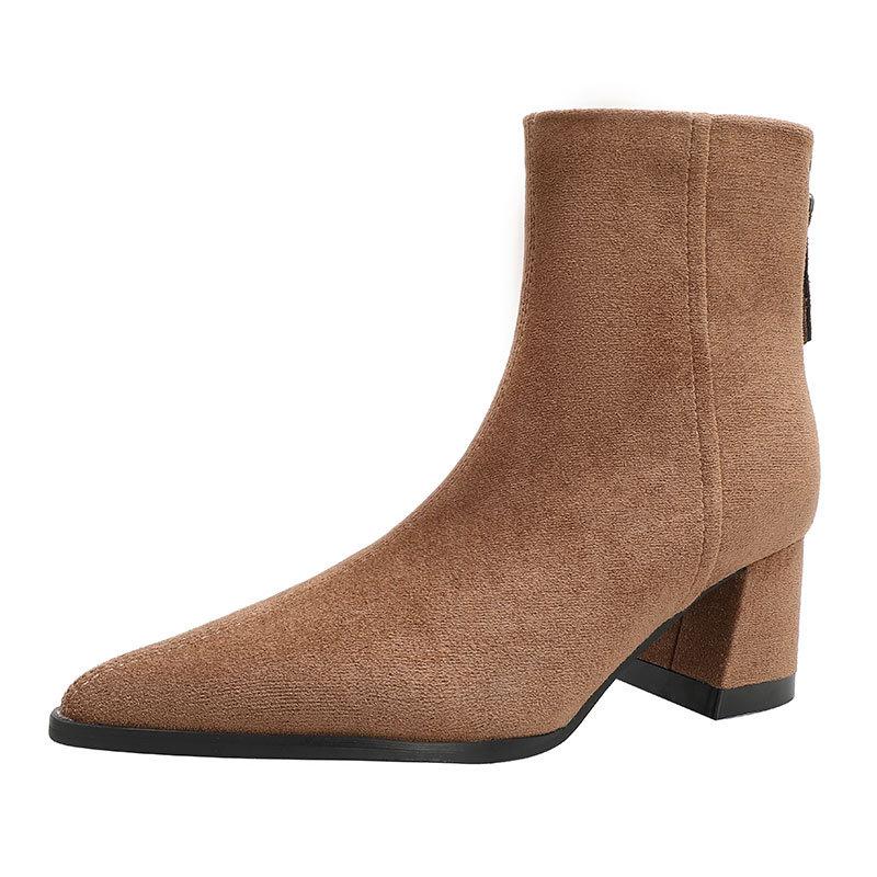Coarse Heel Short Boots Women's 2025 Autumn and Winter New French Pointed High Heel Boots Suede Thin Elastic Boots Medium Tube Fashion Boots