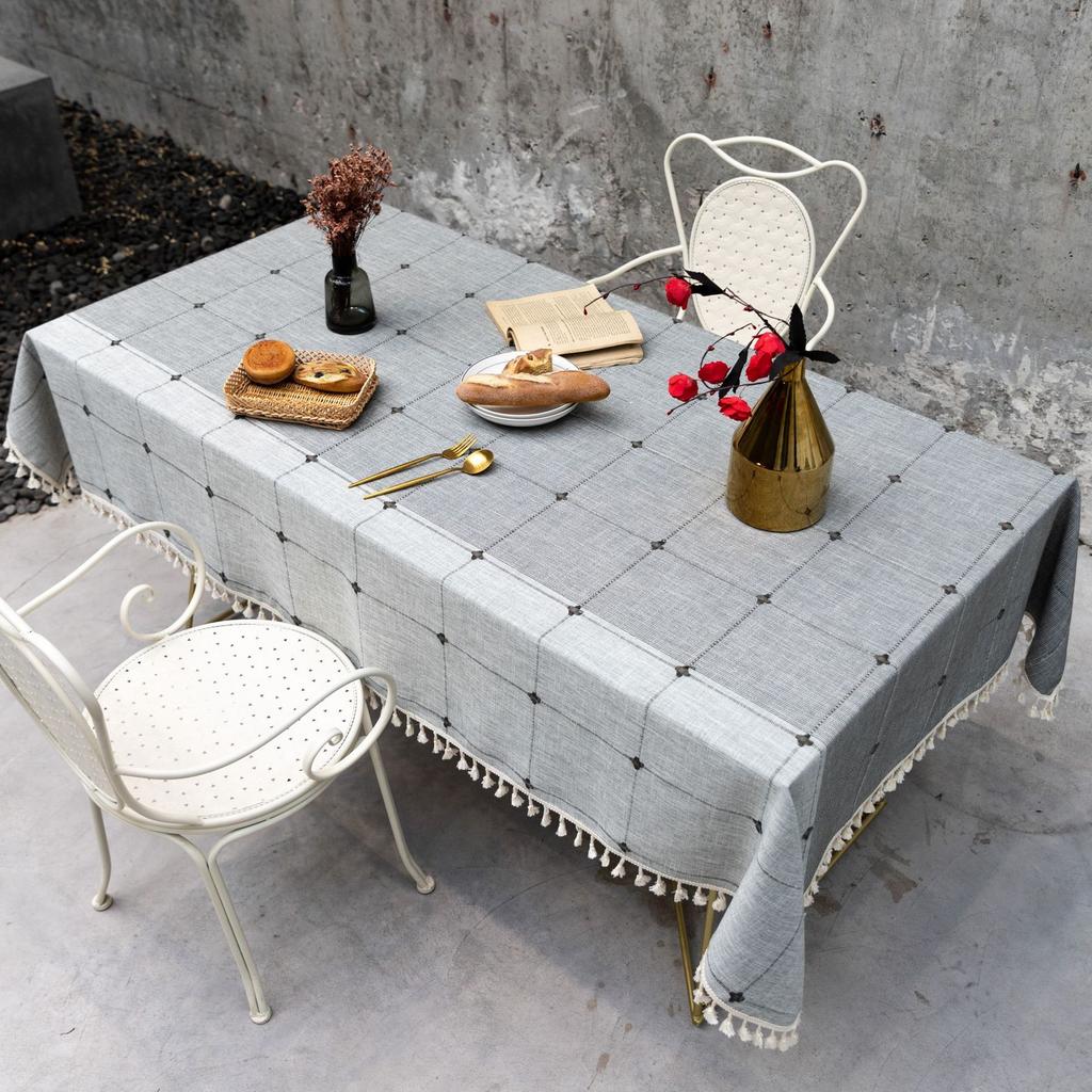 Cotton And Linen Embroidered Dining Table Cloth Japanese Fringed Fabric Plaid Coffee Table Cloth Tablecloth Non-Slip Tablecloth