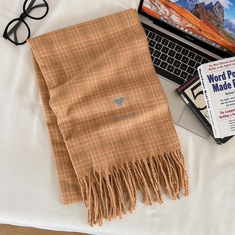 Love Beige Plaid Scarf Women's Autumn and Winter New Student Imitation Cashmere Shawl Dual-purpose Scarf