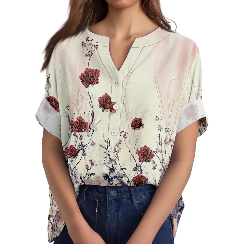 Women's Cotton Linen Round Neck Short Sleeve With Button Tops Printed T-shirt