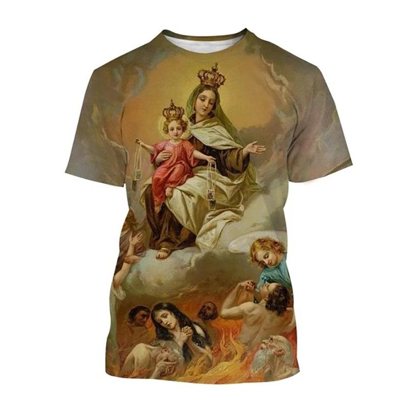 Camiseta 2025 Nuevo Verano Virgen María Estampado 3D Hombres Mujeres Cuello Redondo Manga Corta Camisetas Ropa Urbana Harajuku Camisetas Tops para Niños