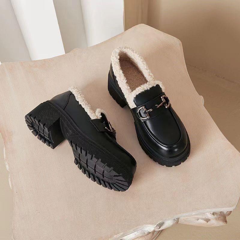 New British style thick-soled velvet autumn and winter small leather shoes fluffy warm cotton shoes