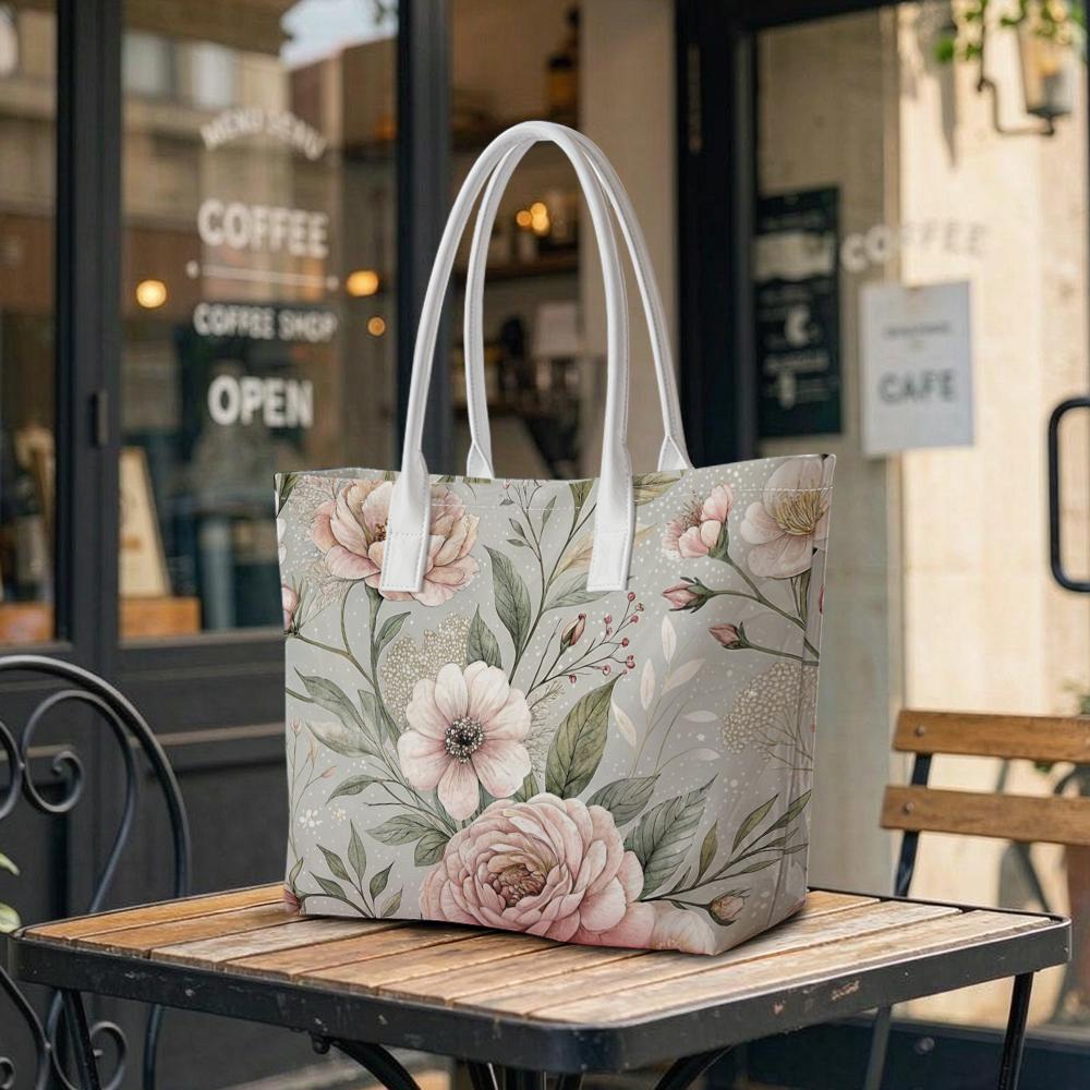 Floral Print Tote Bag Elegant Large Capacity Daily Shopping Handbag for Women