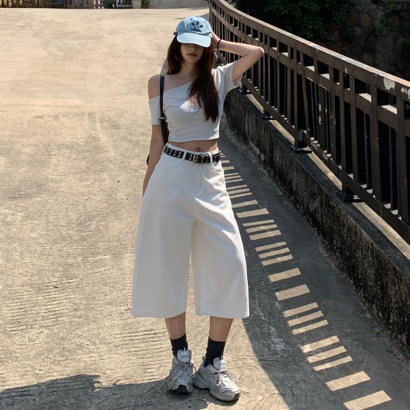 

Women s Retro High-Waisted Dark Blue Cropped Jeans, Spring/Summer 2025 - Loose Wide-Leg Design Extra Large