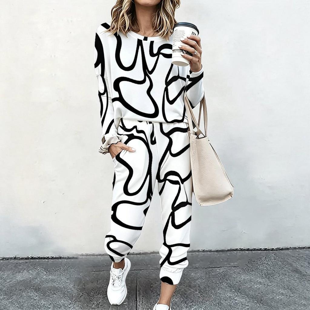 Female Oversized Long Sleeve Top And Elastic Waist Trousers Two Piece Outfit For Daily Leisure Activities