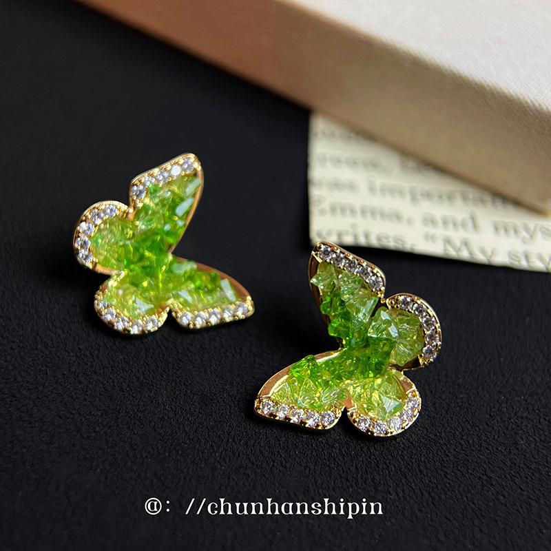Green Gradual Change Crystal Butterfly No Ear Piercings Ear Clips Small Fragrant Wind Sweet Temperament Earrings Mosquito Coil Disc Butterfly Earrings