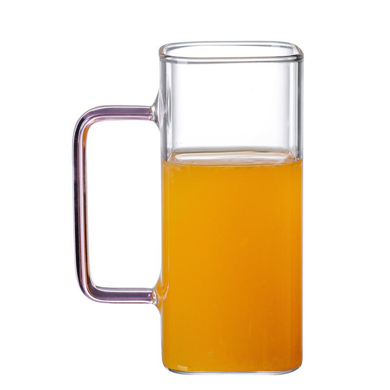 Glass Water Cup Milk Cup Tea Cup Breakfast Beverage Cup High Borosilicate Square Color Handle Glass Water Cup