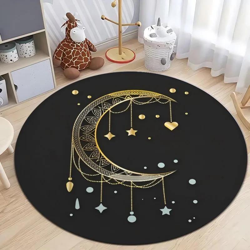 Crystal Velvet Astrology Moon Stars Round Rug, Celestial Print Non Slip Washable Floor Mat for Living Room, Bedroom, Home Decor