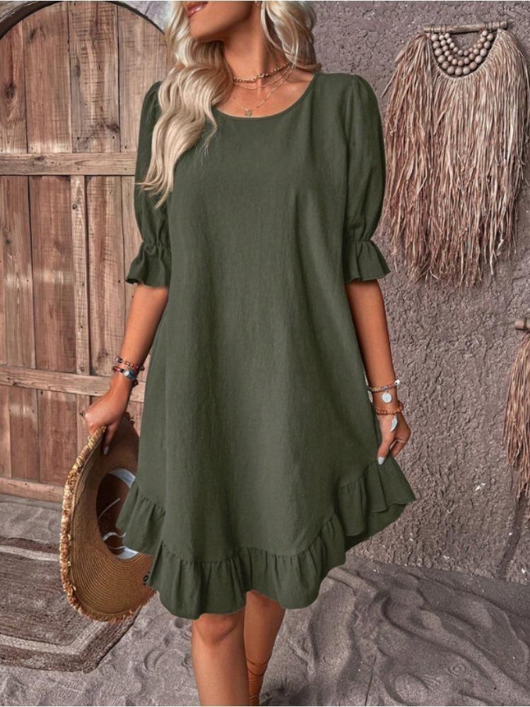 Women Retro Cotton Hemp Loose Swing Dress Spring Summer Solid Color Round Neck Mid Sleeve Large Size