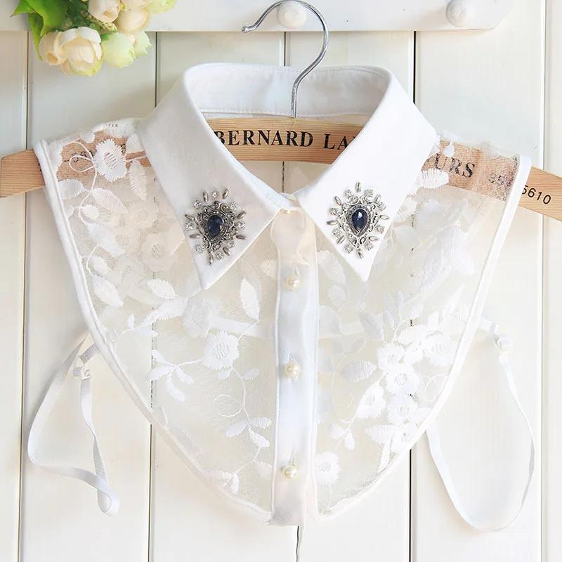 Linbaiway Embroidery Cotton Fake Collars for Women Removalbe False Collar Blouse Rhinestone Clothes Female Detachable Neckwear