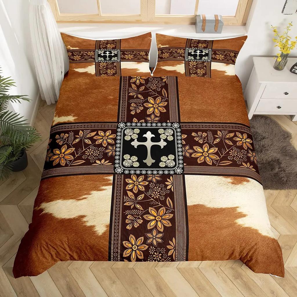 Cow Print Duvet Cover Queen Vintage Floral Bedding Set For Girls Boys Men Western Farmhouse Animal Bull Cattle Skin Quilt Cover