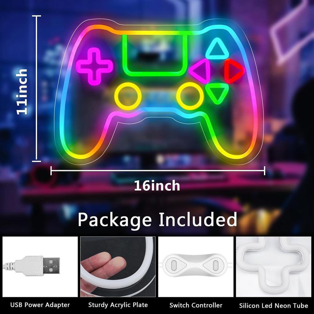 Gamer Neon Sign, LED Game Controller Gamepad Gaming Neon Light Sign for Game Room Wall Decor, Scrolling Color Changing Flashing Modes, Video Game