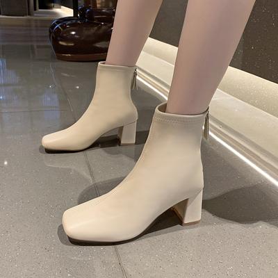Chaussures pour Femmes Vente Chaude Bottes d'Hiver pour Femmes Mi-Mollet Tissu Coton Couleur Unie Bout Carré Talon Moyen Fermeture Éclair Bottes Mode