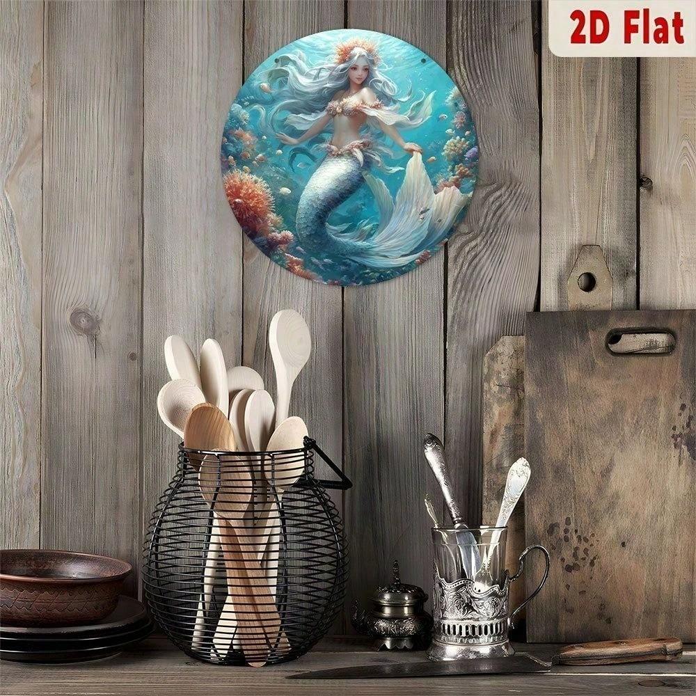Vintage Mermaid Aluminum Sign, Round Coral Reef Wall Decor, Undersea Metal Plaque