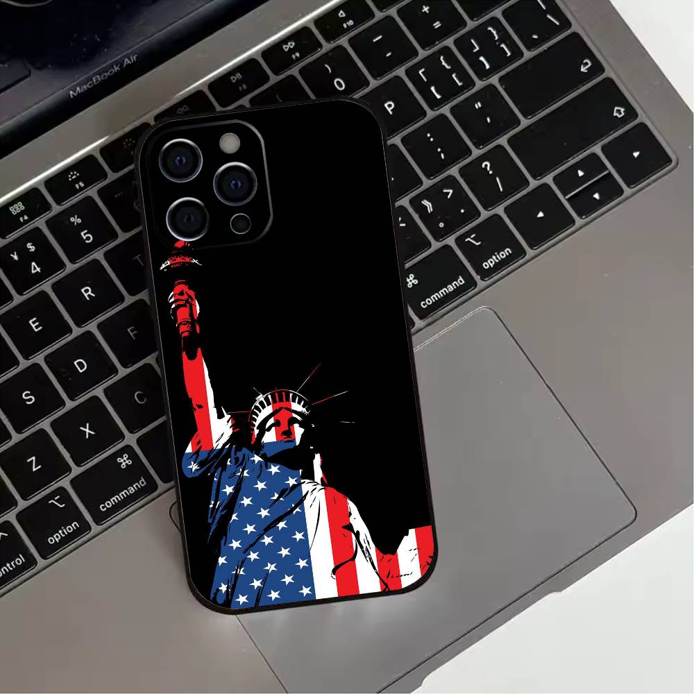America USA Flag S-Statue Liberty  Phone Case For iPhone 17,16,15,14,13,12,11 Plus,Pro Max,XS,Soft Silicone Black Cover