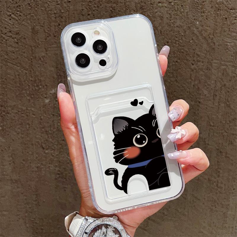 Cartoon Black Cat Printed Soft TPU Clear Shockproof Casing Protective Cover Transparent Full Back Case with 1 Card Slot Holder