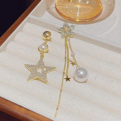 Five-pointed Star AB Asymmetric Super Flash Star Earrings Silver Needle Long Tassel Temperament Earrings Pearl Earrings