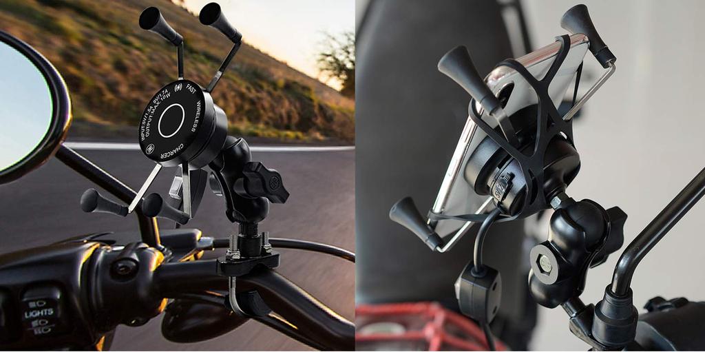 SHEAWA Motorcycle Smartphone Charging Qi Wireless Quick Charge Fast Aluminum Power Car Attaches to Motorcycle Handlebars or Side Mirrors Holder,
