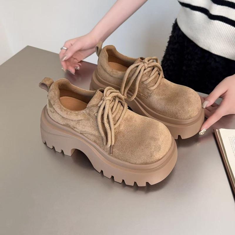 

Thick-soled lace-up big-headed women s new retro versatile small height-increasing small leather shoes 35 хаки
