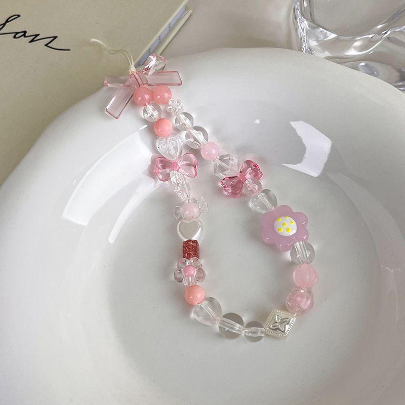 Bracelet de perles d'amour pour femmes, petit nœud en cristal frais, fleurs, amour, chaîne de téléphone portable, anti-chute, accessoires de coque de téléphone portable, DIY