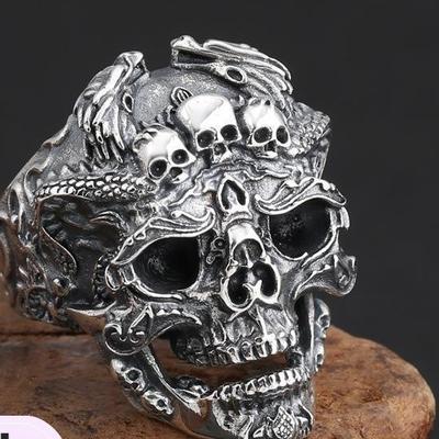 Retro Thai Silver Exaggerated Domineering Skull Ring, Thai Silver Men's Opening Adjustment Ring, Popular Personality