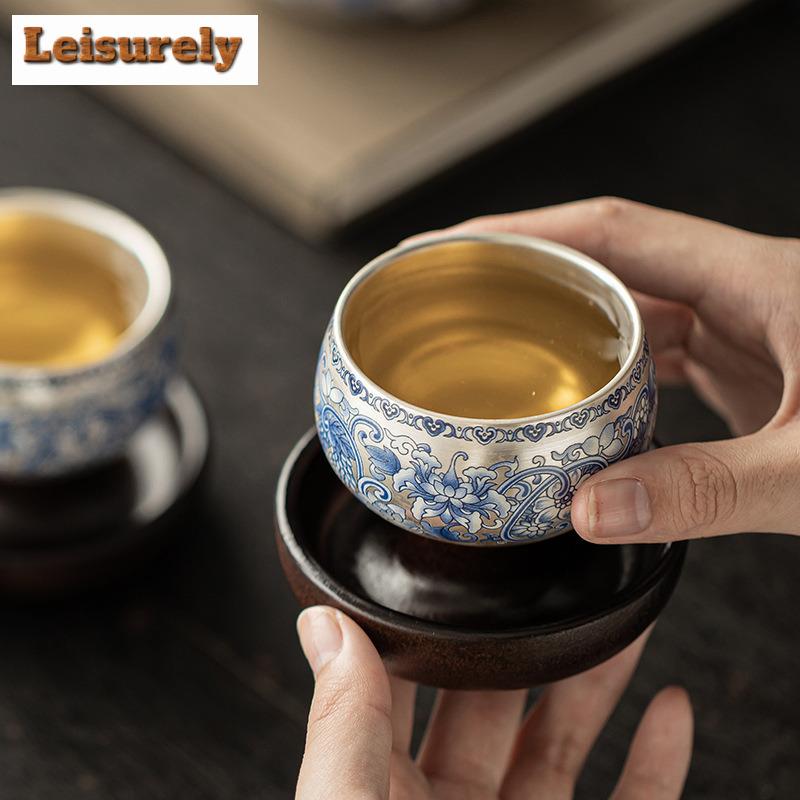 Handmade Gilt Silver Twining Lotus Tea Set Complete Japanese Tea Ceremony Set Teapot And Tea Cup Set Chinese Tea Set Collection