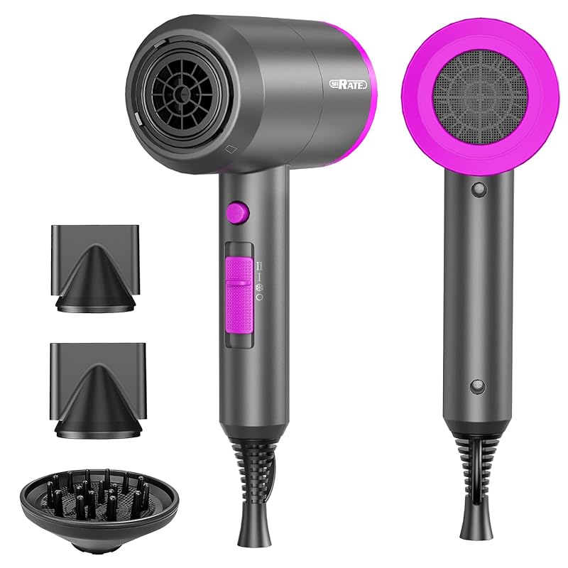 SHRATE Lightweight Ionic Hair Dryer with Diffuser - Powerful 1800W Blow Dryer for Fast Drying - Professional Low Noise Mini Hair Dryer for Travel,