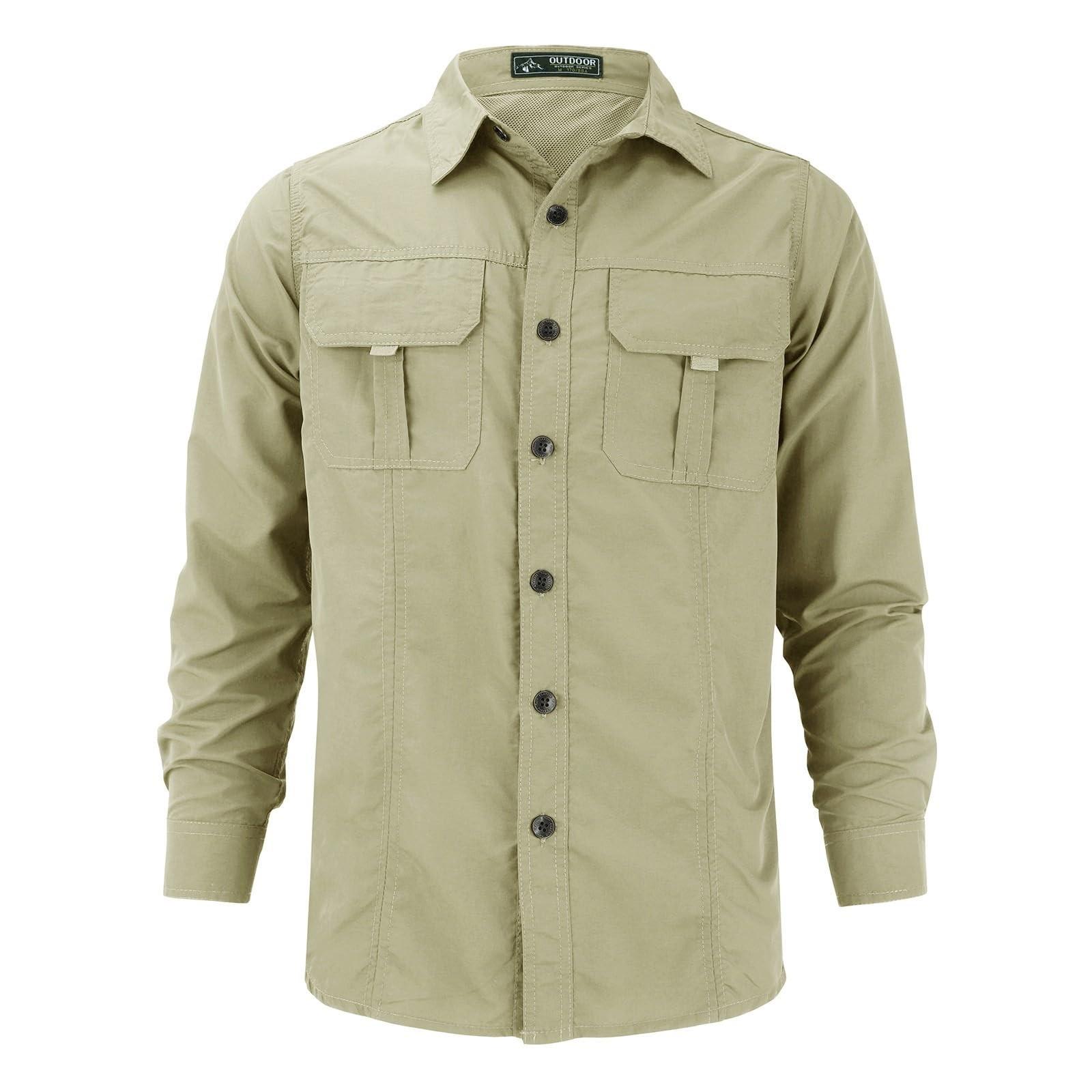 

Мужские приталенные быстросохнущие рубашки для платья, повседневные легкие на пуговицах, для походов, с карманами XL хаки