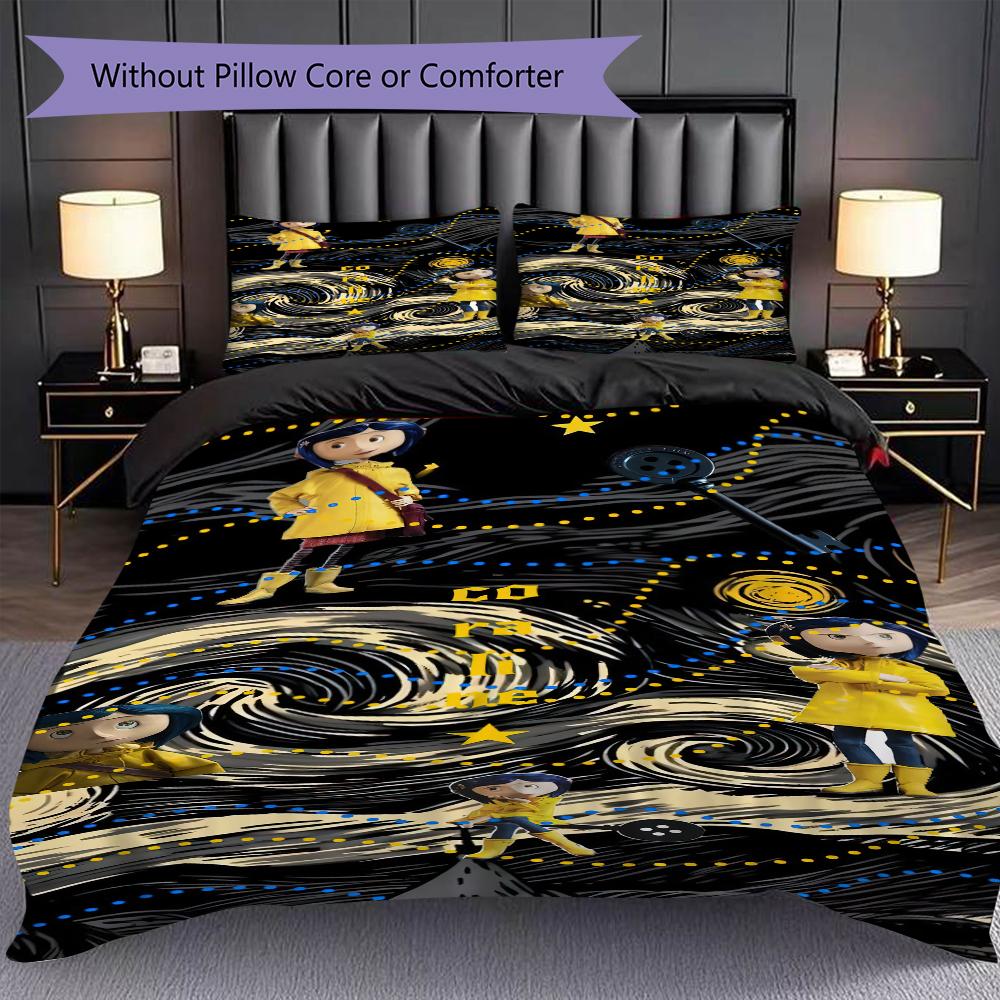 1PC Coraline Pattern Bedding Quilt Set Quilt Cover Pillowcase Home Decoration Birthday Gift (1 * Duvet Cover + 2 * Pillowcase, Without Core)