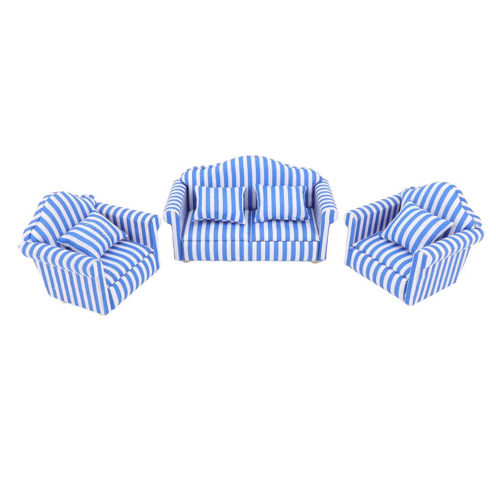 3Pcs   Sofa Set Pine Cloth Double Sofa 2 Single Sofa Light Color Strip  ature Sofa for 1:12 Doll House