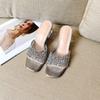 Plus Size One-Strap Rhinestone Chunky Heel Peep-Toe Sandals for Women