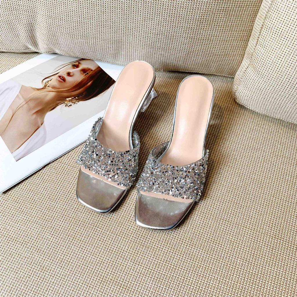Plus Size One-Strap Rhinestone Chunky Heel Peep-Toe Sandals for Women