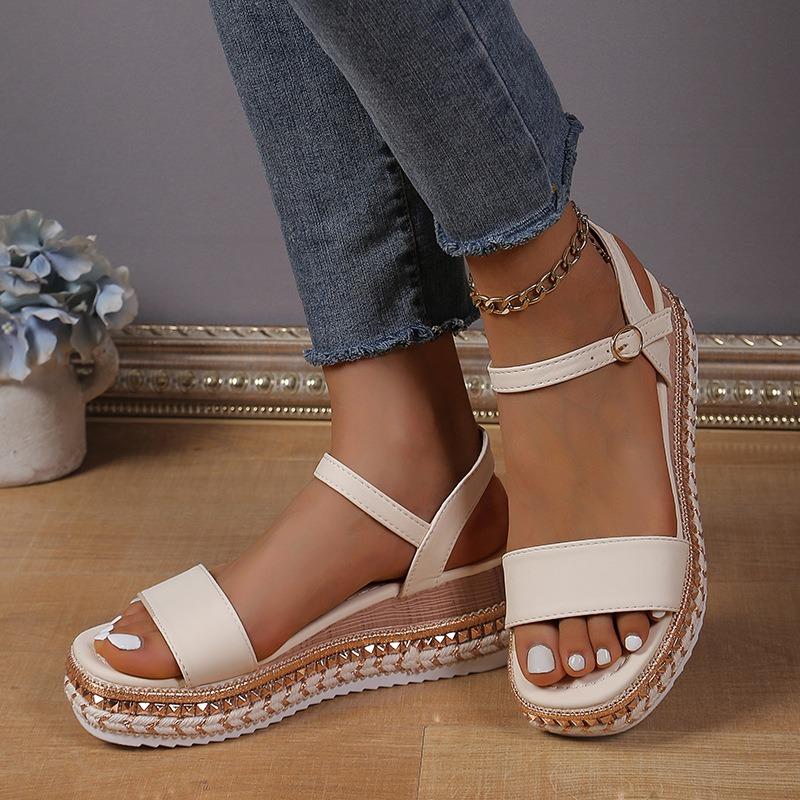 Summer new muffin open-toed sandals one-word buckle with high heels women's fashion platform wedge heel women's shoes