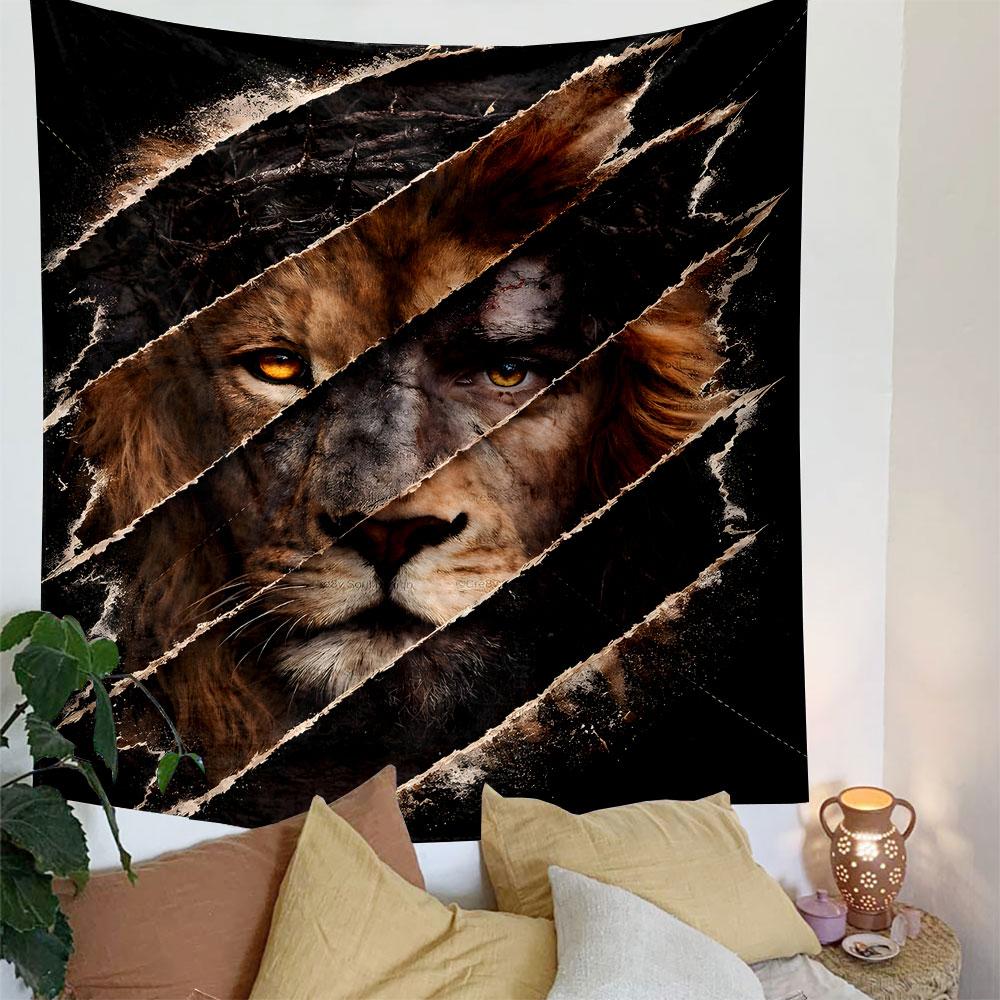 Lion and Human Duality with Thorn Crown Patterned Tapestry Decorative Wall Hanging, Home Bedroom Living Room Decor
