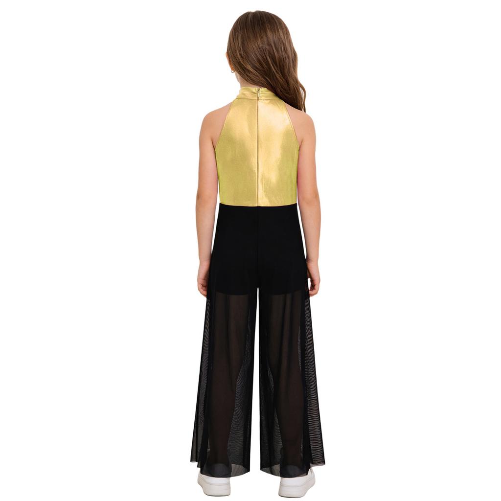 Meisjes Mock Neck Mouwloze Jumpsuit Metallic Bodice Ruches Wijde Pijp Rits aan de Achterkant Jazzdans Kostuum