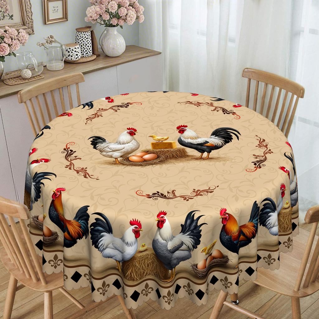 Pastoral Round Table Tablecloth, Egg Hen Print Waterproof And Oil-Proof Leave-In Household Dining Table Cloth, European Retro