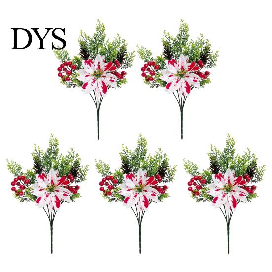 Faux Silk Christmas Blooms 5 Heads Artificial Poinsettia Flowers, Fake Pine Berry Decoration, Home Interior Floral Accents Fade-Resistant Red
