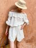 French Riviera One-Shoulder Embroidered Long Sleeve Top & Hollow-Out Shorts for Women - Spring/Summer Collection