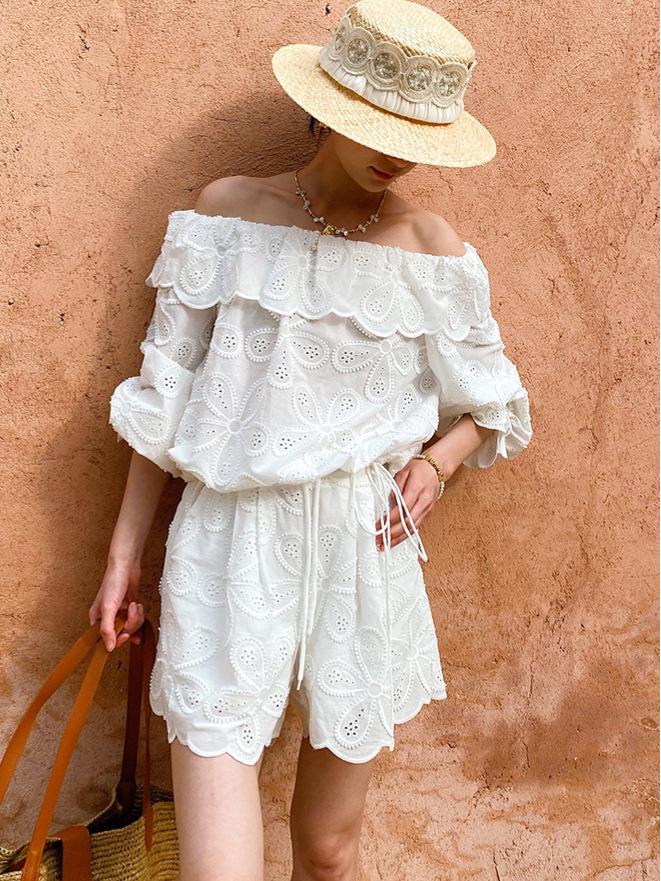French Riviera One-Shoulder Embroidered Long Sleeve Top & Hollow-Out Shorts for Women - Spring/Summer Collection