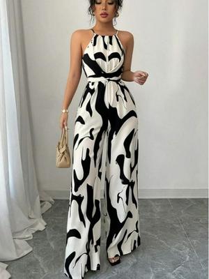 European & American Style Milk Texture Lace-Up Halter Backless Jumpsuit 2026