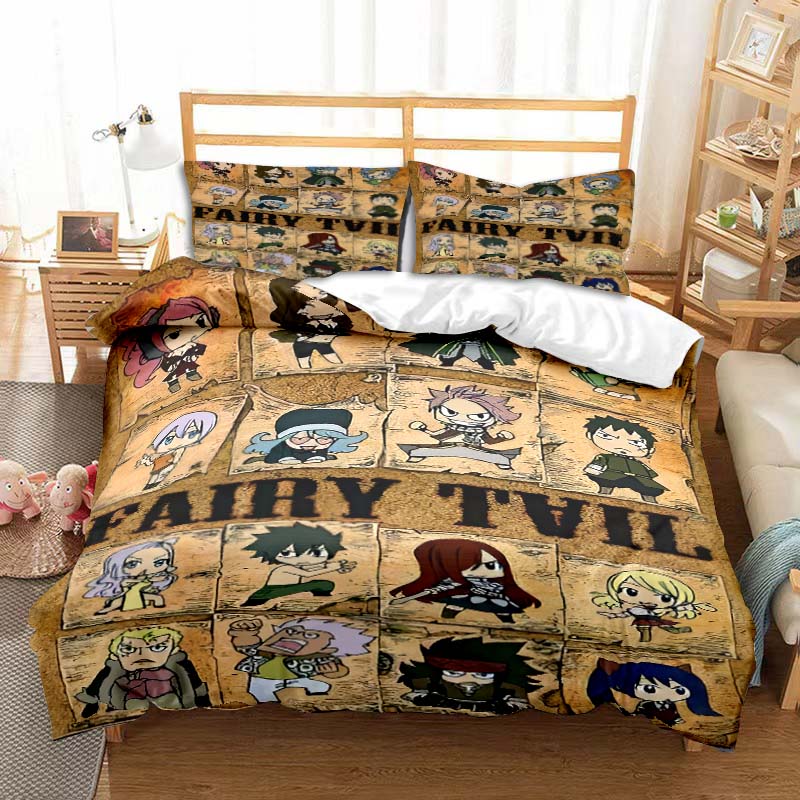 3D Anime Fairy Tail Bedding Set Bed Three-piece Set Duvet Cover Single Double Bed Queen Size Duvet Cover Set Adult Kid's Bedroom